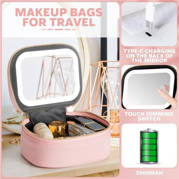 Small makeup bag with mirror and light travel cosmetic organizer toiletry case - Picture 4 of 7